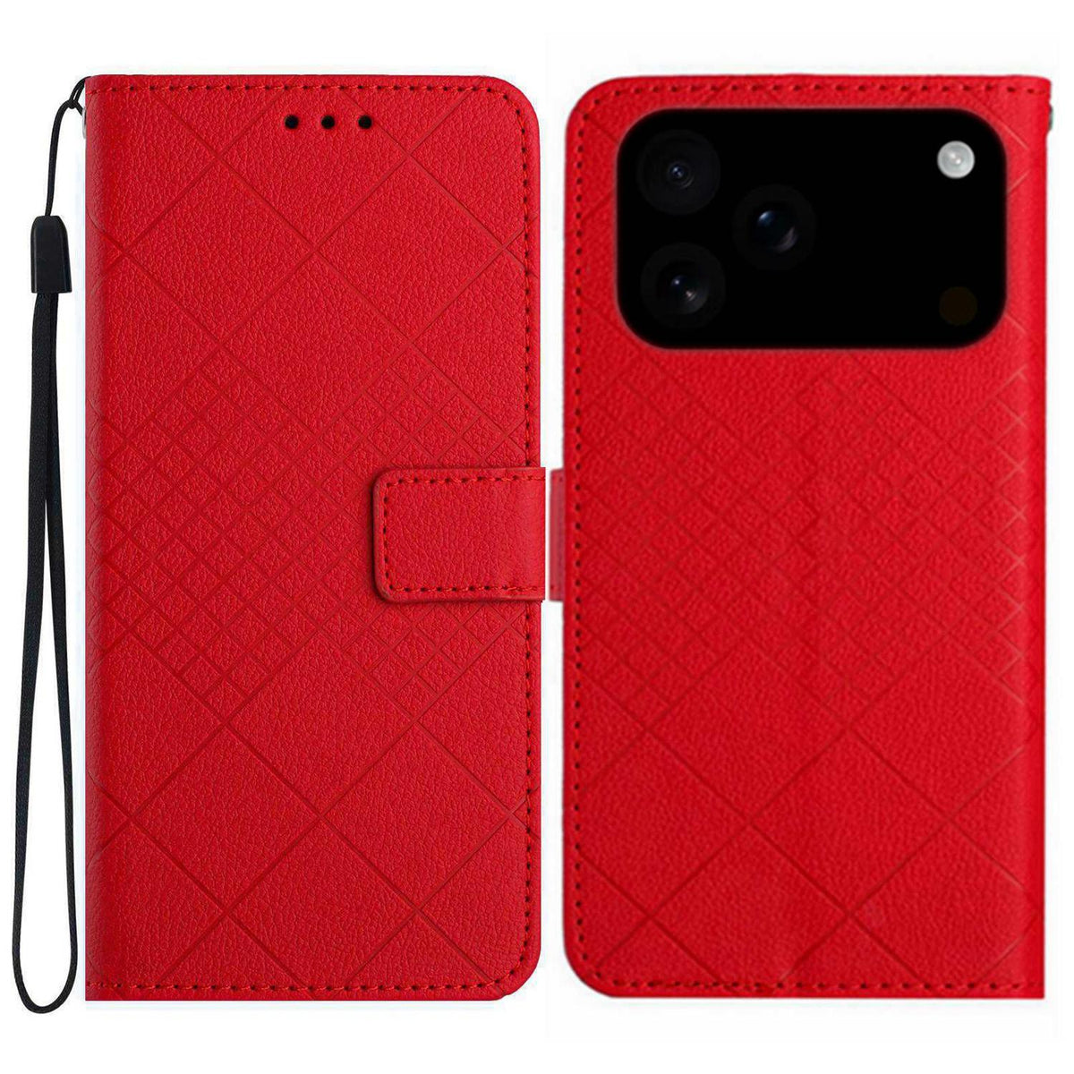 Compatible with iPhone 18 Pro Max & 17 Pro Max Rhombic Grid Texture Leather Phone Case - Red