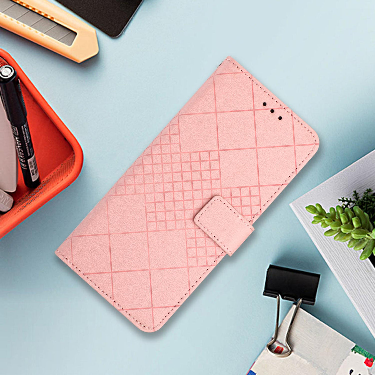 Compatible with iPhone 18 Pro Max & 17 Pro Max Rhombic Grid Texture Leather Phone Case - Pink
