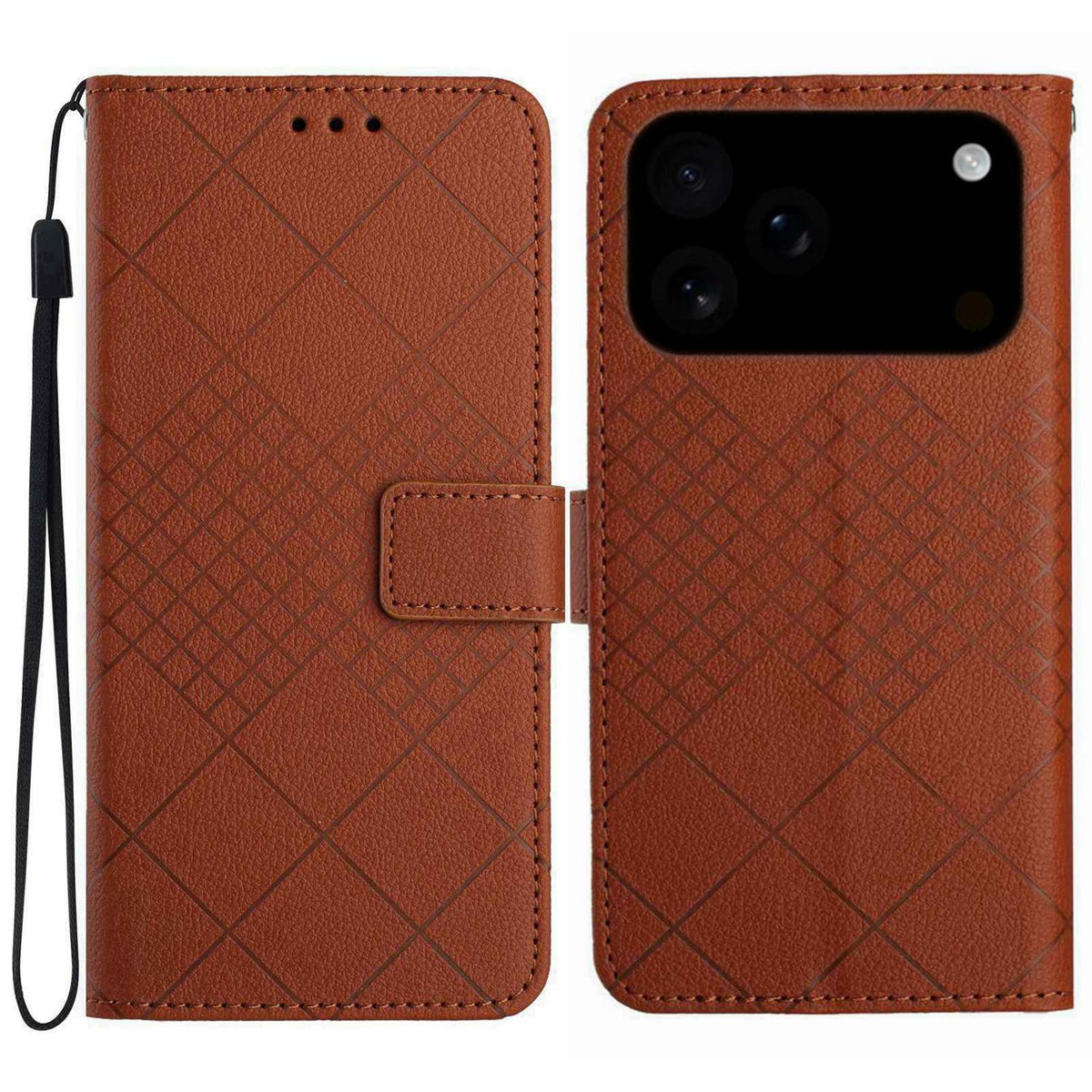 Compatible with iPhone 18 Pro & 17 Pro Rhombic Grid Texture Leather Phone Case - Brown