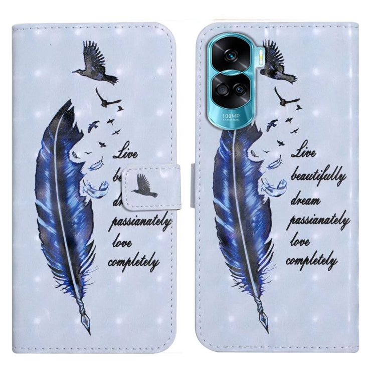 For Honor 90 Lite Oil Embossed 3D Drawing Leather Phone Case(Blue Feather)