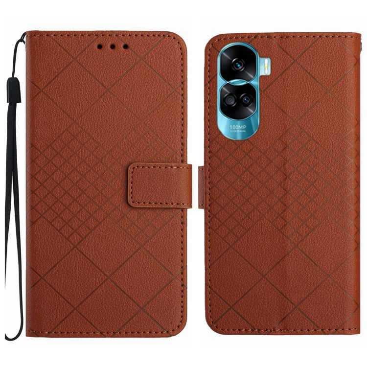 For Honor 90 Lite Rhombic Grid Texture Leather Phone Case(Brown)
