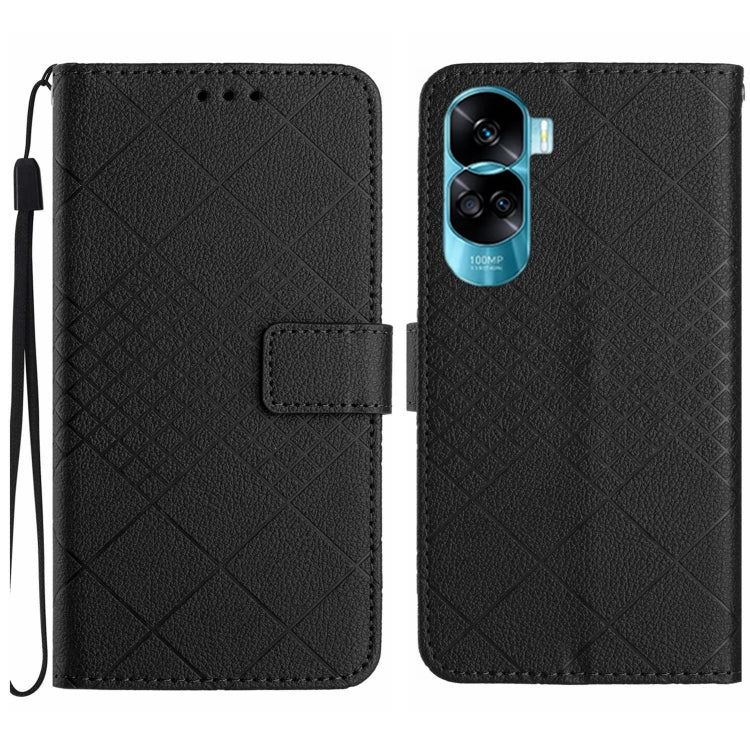 For Honor 90 Lite Rhombic Grid Texture Leather Phone Case(Black)