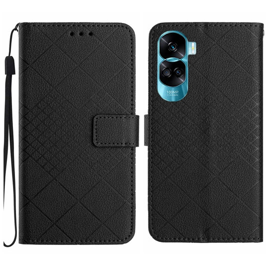 For Honor 90 Lite Rhombic Grid Texture Leather Phone Case(Black)