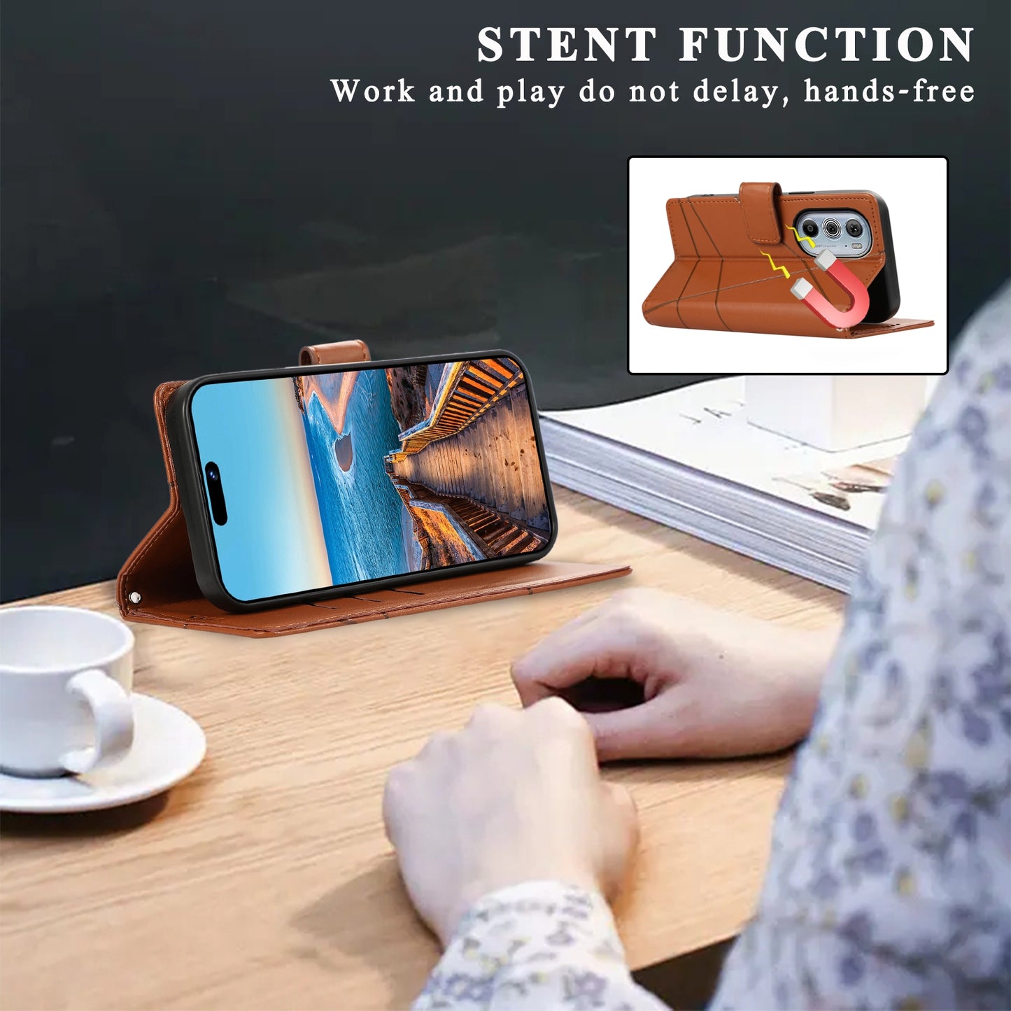 For Motorola Edge 30 Pro PU Genuine Leather Texture Embossed Line Phone Case(Brown)