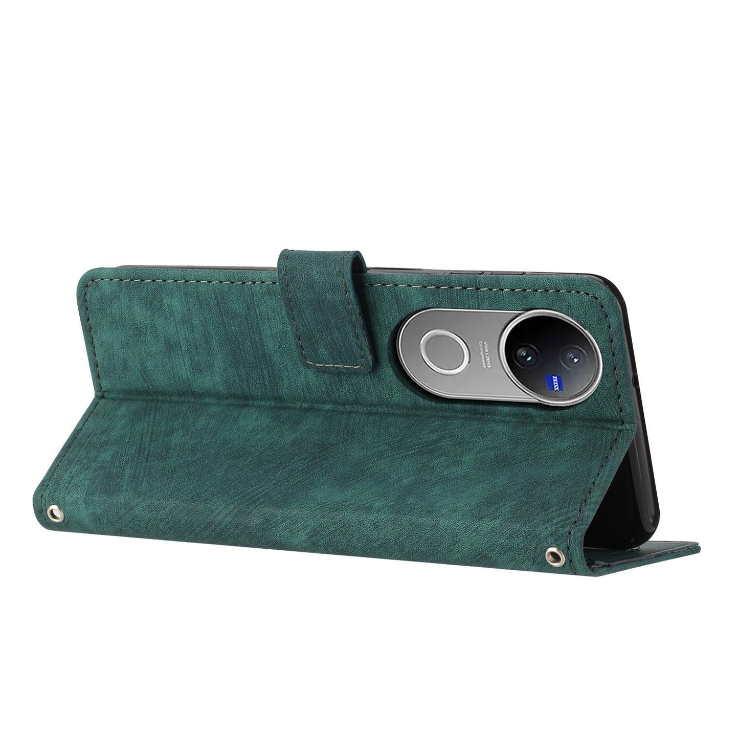 For vivo V50 Skin Feel Stripe Pattern Leather Phone Case with Lanyard(Green)