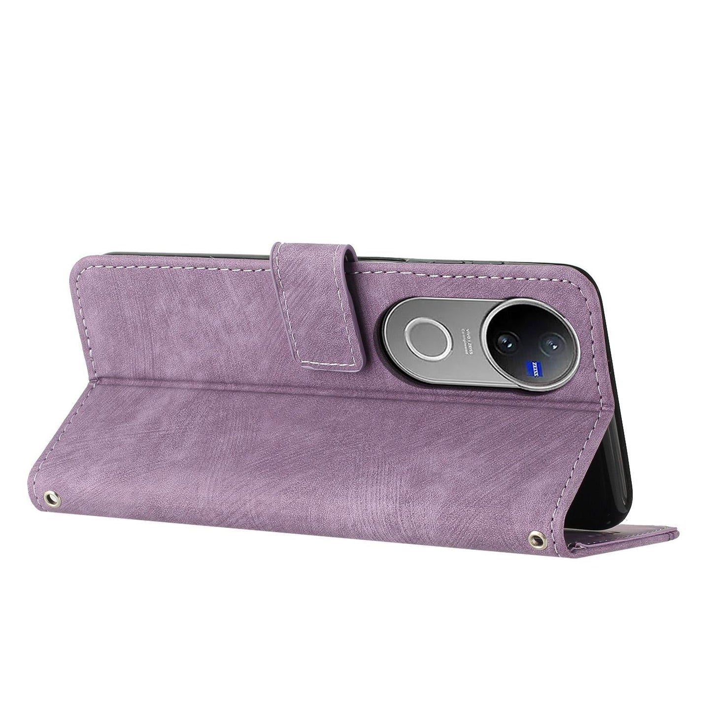 For vivo V50 Skin Feel Stripe Pattern Leather Phone Case with Lanyard(Purple)