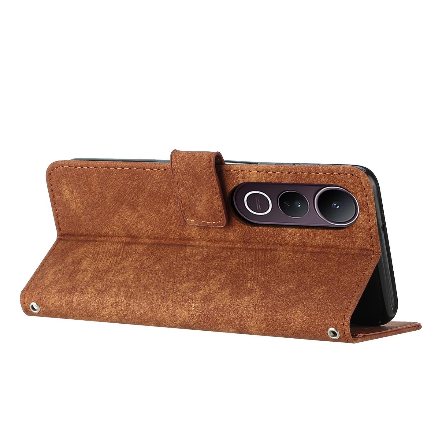 For vivo V50 Lite Skin Feel Stripe Pattern Leather Phone Case with Lanyard(Brown)