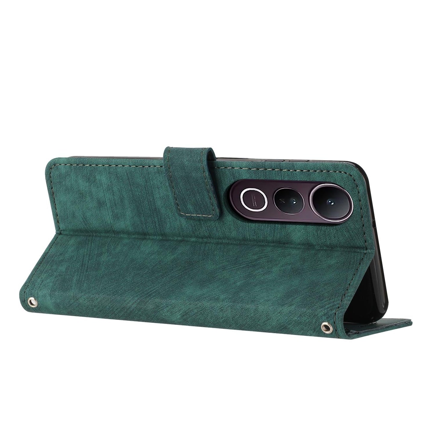 For vivo V50 Lite Skin Feel Stripe Pattern Leather Phone Case with Lanyard(Green)