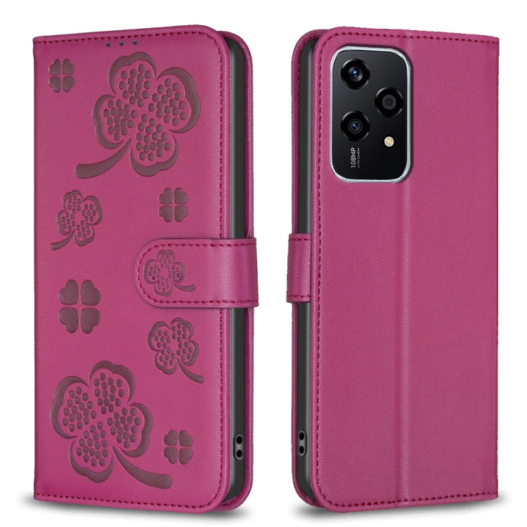 For Honor 200 Lite EU Version Four-leaf Embossed Leather Phone Case(Rose Red)