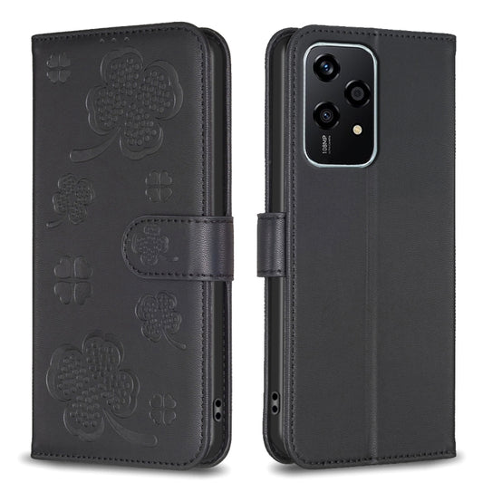 For Honor 200 Lite EU Version Four-leaf Embossed Leather Phone Case(Black)