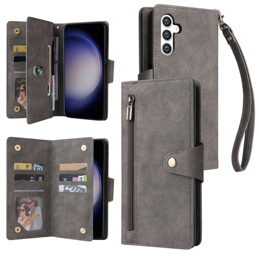 For Samsung Galaxy S24 5G Rivet Buckle 9 Cards 3-Fold Wallet Leather Phone Case(Grey)