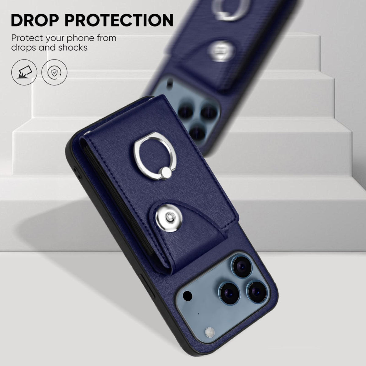 Compatible with iPhone 18 Pro Max & 17 Pro Max Organ Card Bag Ring Holder Phone Case - Blue