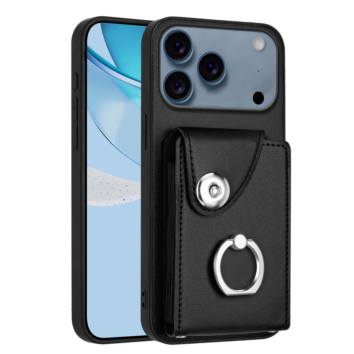 Compatible with iPhone 18 Pro Max & 17 Pro Max Organ Card Bag Ring Holder Phone Case - Black