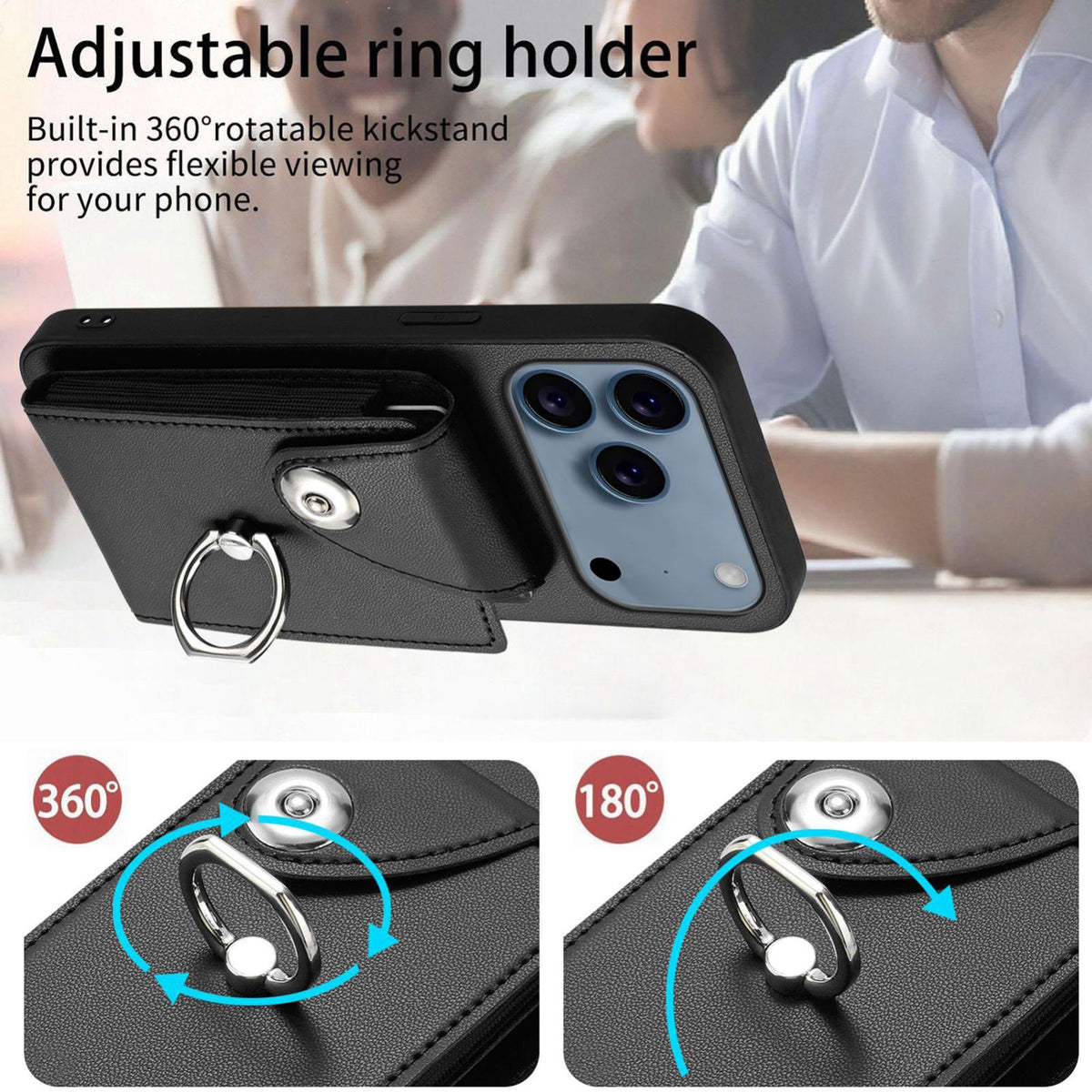 Compatible with iPhone 18 Pro Max & 17 Pro Max Organ Card Bag Ring Holder Phone Case - Black