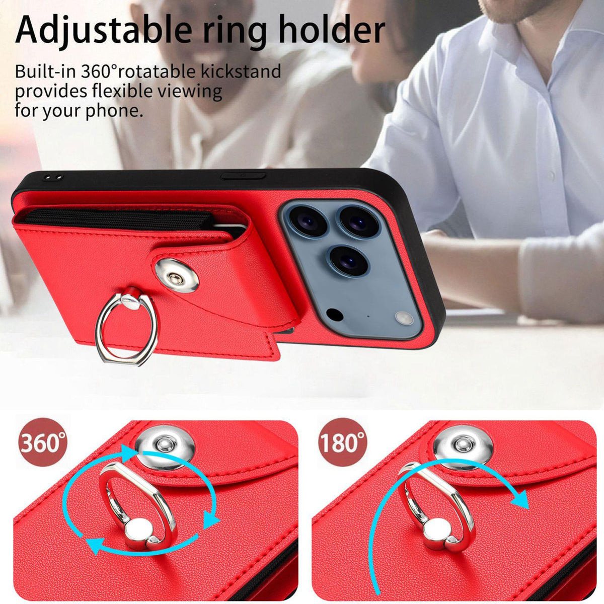 Compatible with iPhone 18 Pro Max & 17 Pro Max Organ Card Bag Ring Holder Phone Case - Red