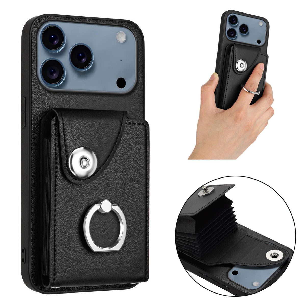 Compatible with iPhone 18 Pro & 17 Pro Organ Card Bag Ring Holder Phone Case - Black