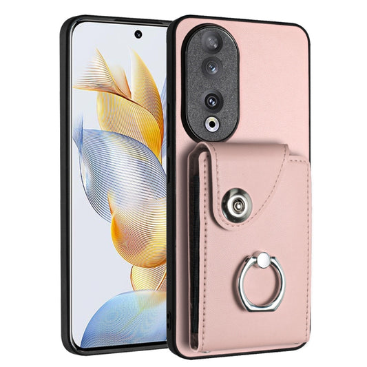 For Honor 90 Organ Card Bag Ring Holder PU Phone Case(Pink)