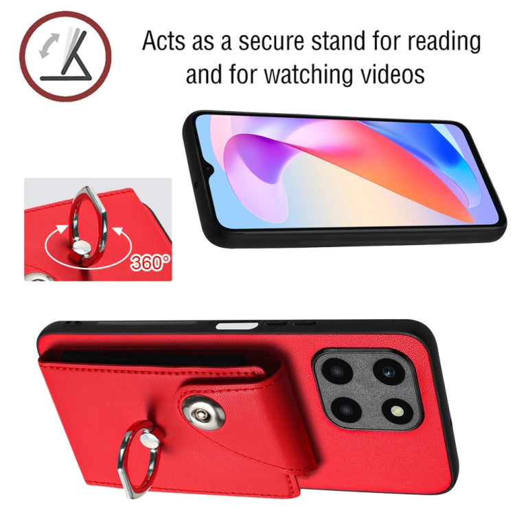 For Honor X6a Organ Card Bag Ring Holder PU Phone Case(Red)