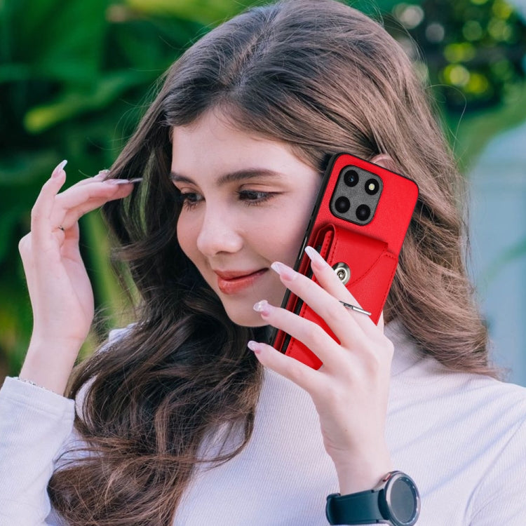 For Honor X6a Organ Card Bag Ring Holder PU Phone Case(Red)