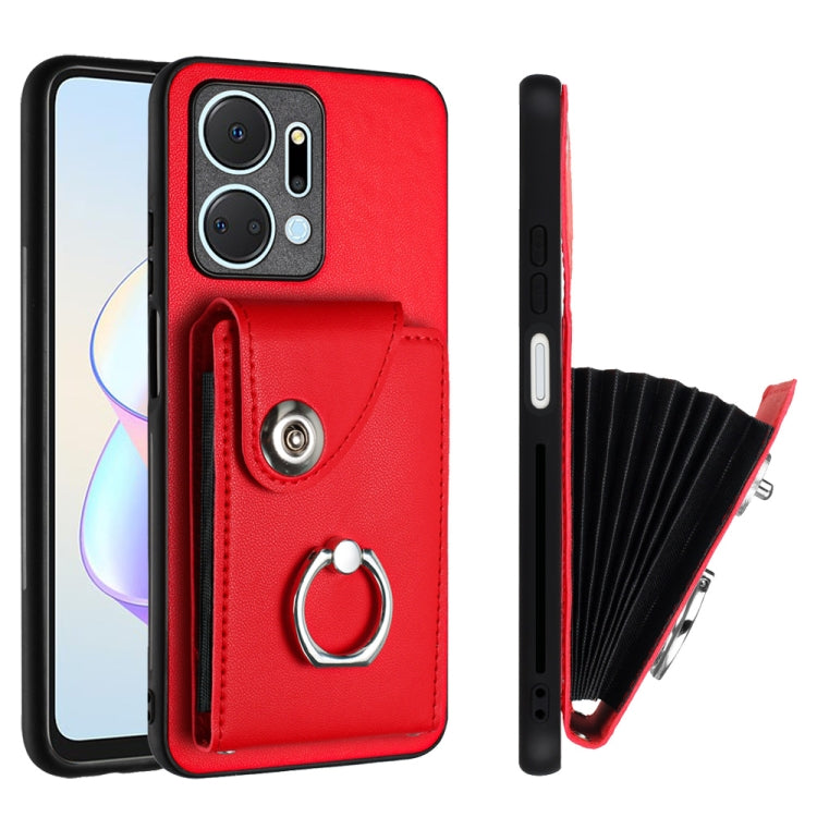 For Honor X7a / Play7T Organ Card Bag Ring Holder PU Phone Case(Red)