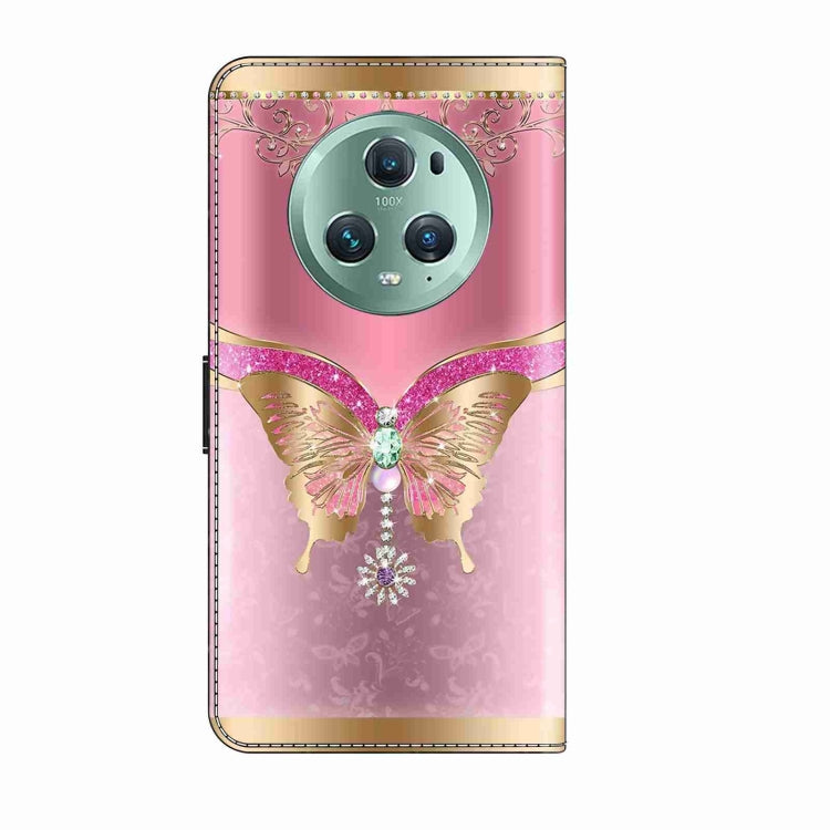 For Honor Magic5 Pro Crystal 3D Shockproof Protective Leather Phone Case(Pink Bottom Butterfly)
