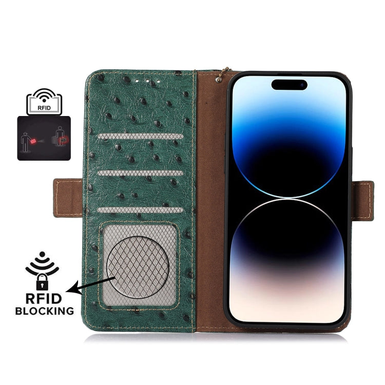 For Honor 100 5G Ostrich Pattern Genuine Leather RFID Phone Case(Green)