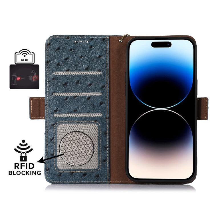 For Honor 100 5G Ostrich Pattern Genuine Leather RFID Phone Case(Blue)