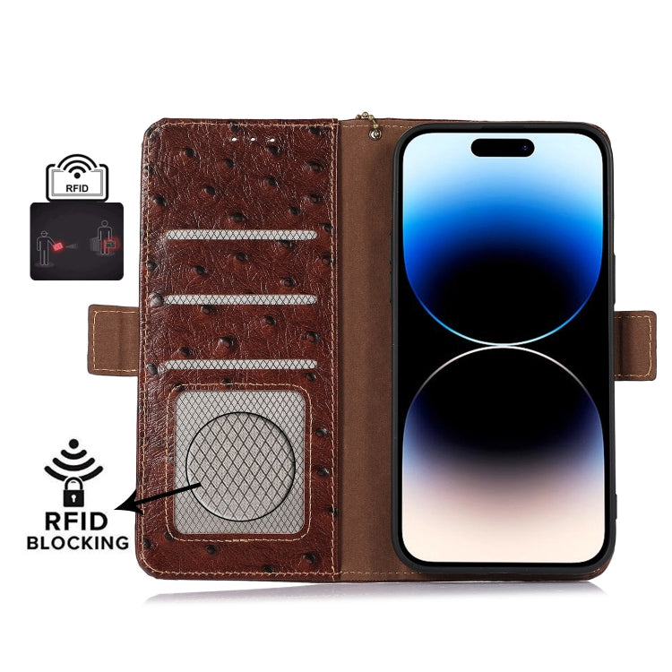For Honor 100 5G Ostrich Pattern Genuine Leather RFID Phone Case(Coffee)
