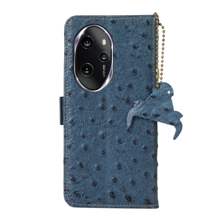 For Honor 100 Pro 5G Ostrich Pattern Genuine Leather RFID Phone Case(Blue)