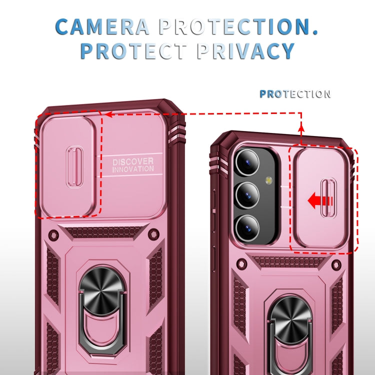 For Samsung Galaxy S24 5G Sliding Camshield TPU + PC Phone Case with Holder(Pink+Rose Red)