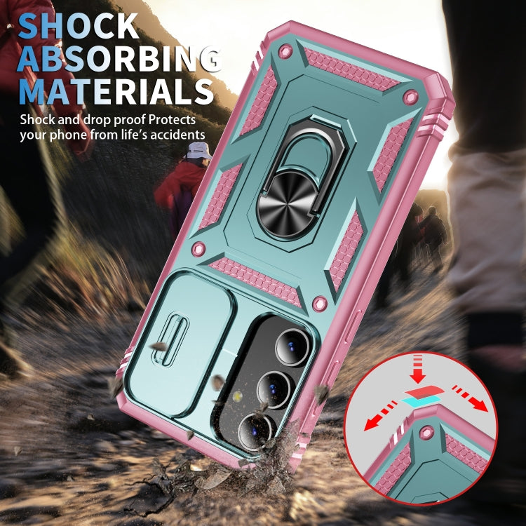 For Samsung Galaxy S24 5G Sliding Camshield TPU + PC Phone Case with Holder(Green+Pink)
