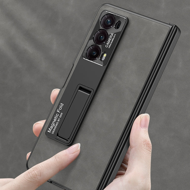 For Honor Magic V2 GKK Integrated Frosted Fold Hinge Privacy Leather Phone Case with Holder(Black)