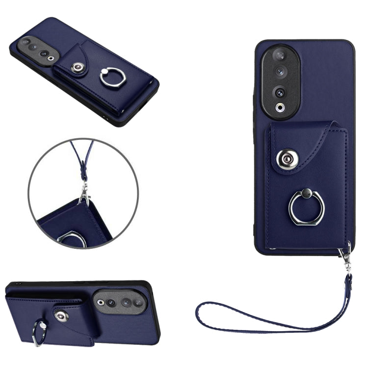 For Honor 90 Organ Card Bag Ring Holder PU Phone Case with Lanyard(Blue)