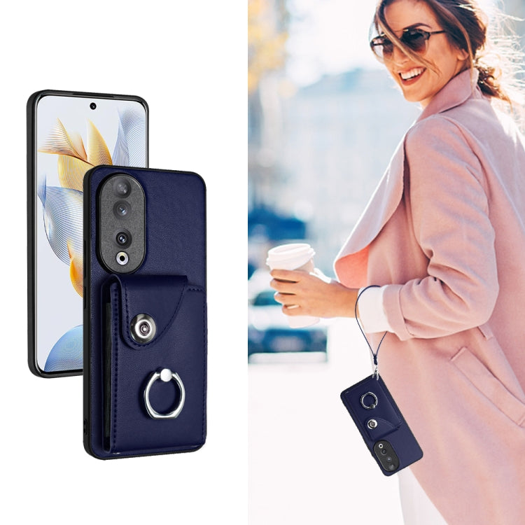For Honor 90 Organ Card Bag Ring Holder PU Phone Case with Lanyard(Blue)
