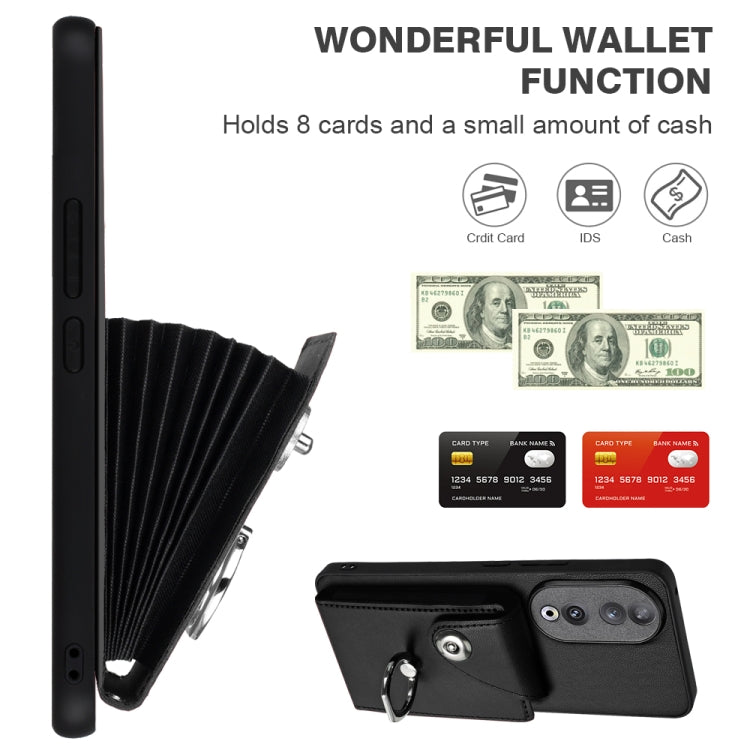 For Honor 90 Organ Card Bag Ring Holder PU Phone Case with Lanyard(Black)