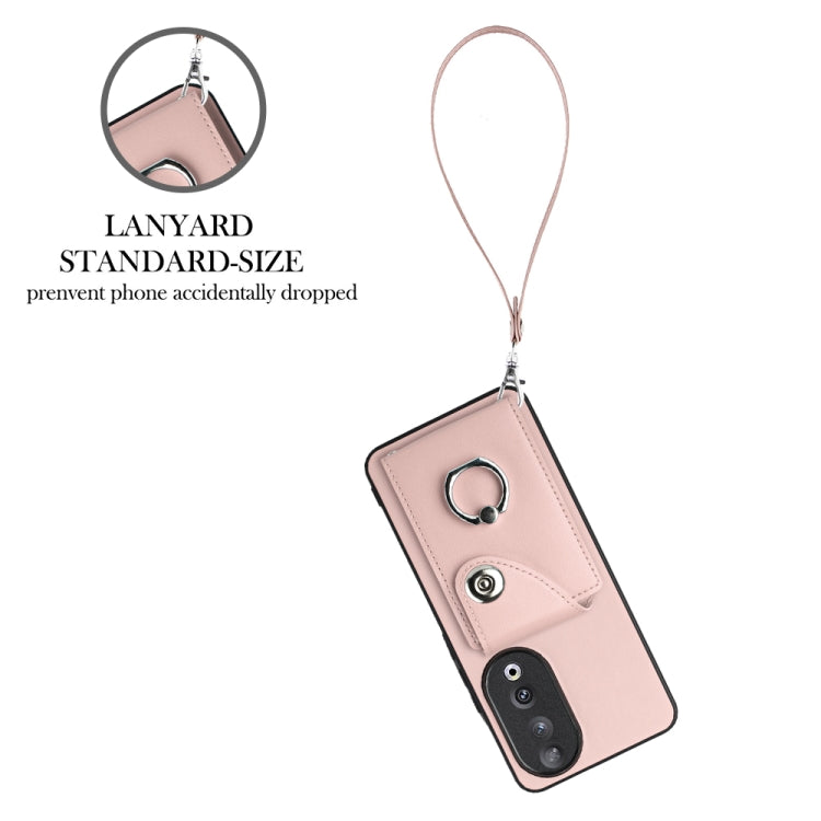 For Honor 90 Organ Card Bag Ring Holder PU Phone Case with Lanyard(Pink)