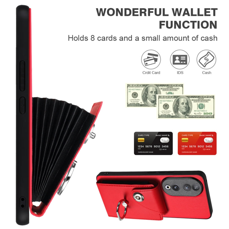 For Honor 90 Organ Card Bag Ring Holder PU Phone Case with Lanyard(Red)