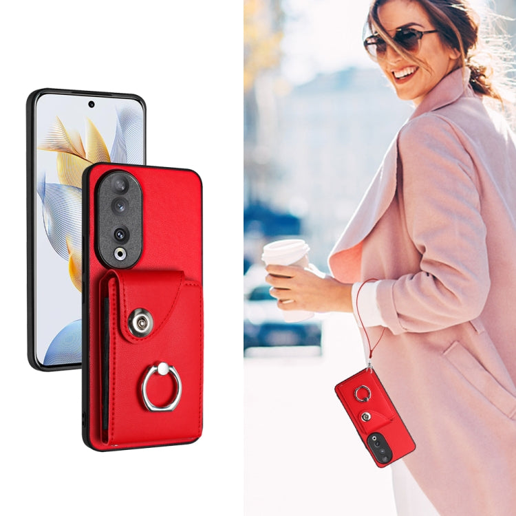 For Honor 90 Organ Card Bag Ring Holder PU Phone Case with Lanyard(Red)