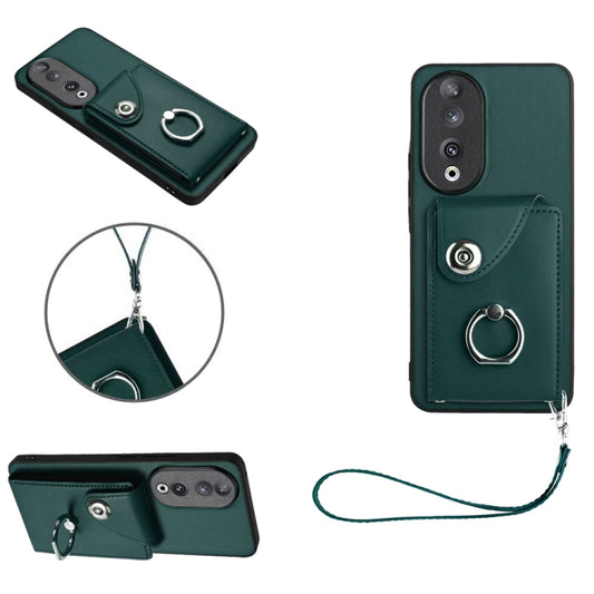 For Honor 90 Organ Card Bag Ring Holder PU Phone Case with Lanyard(Green)