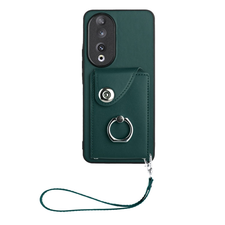 For Honor 90 Organ Card Bag Ring Holder PU Phone Case with Lanyard(Green)