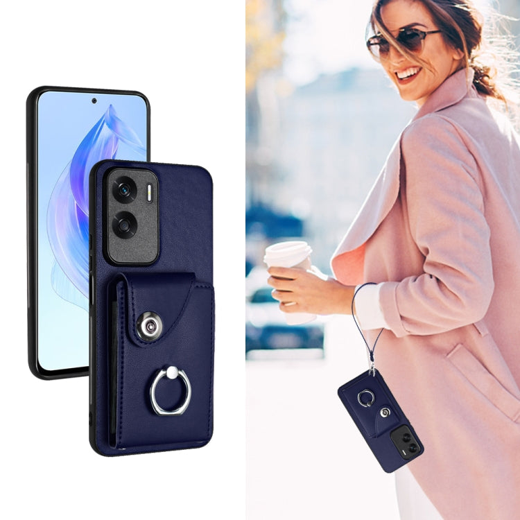 For Honor 90 Lite/X50i Organ Card Bag Ring Holder PU Phone Case with Lanyard(Blue)