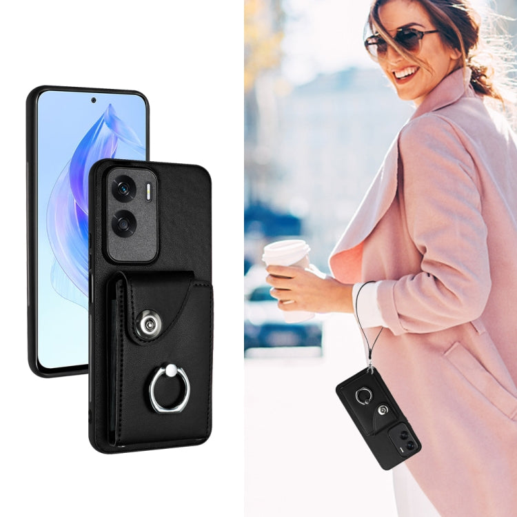 For Honor 90 Lite/X50i Organ Card Bag Ring Holder PU Phone Case with Lanyard(Black)