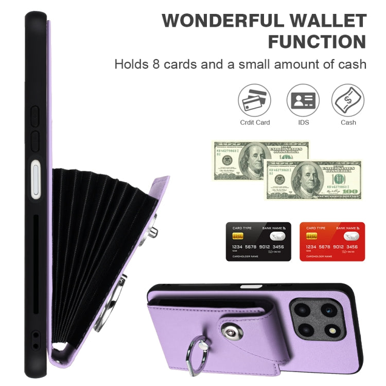 For Honor X6a Global Organ Card Bag Ring Holder PU Phone Case with Lanyard(Purple)