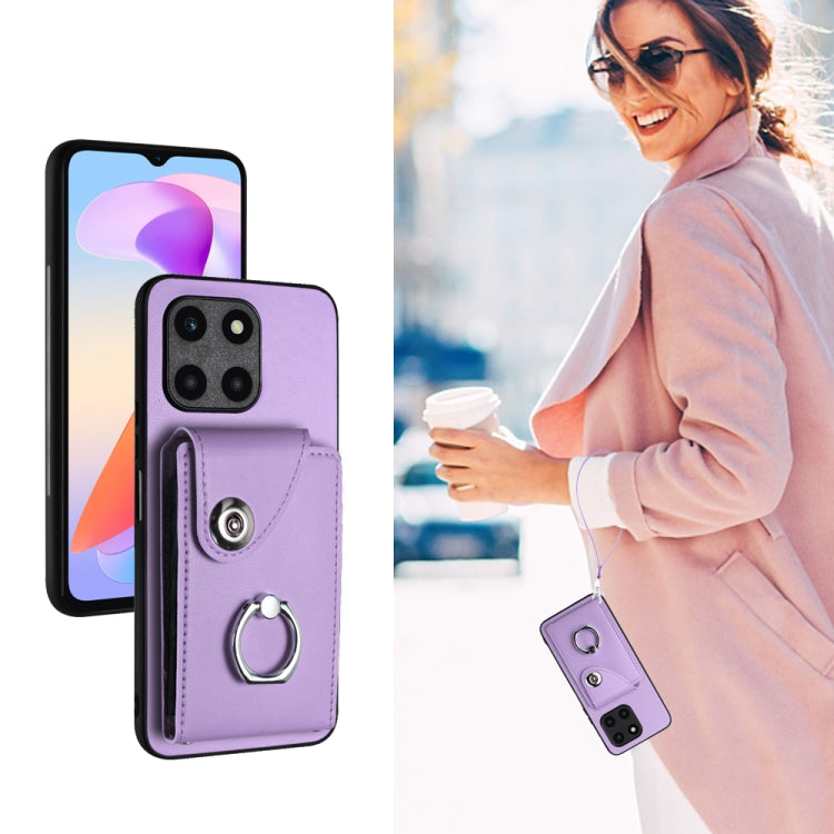For Honor X6a Global Organ Card Bag Ring Holder PU Phone Case with Lanyard(Purple)
