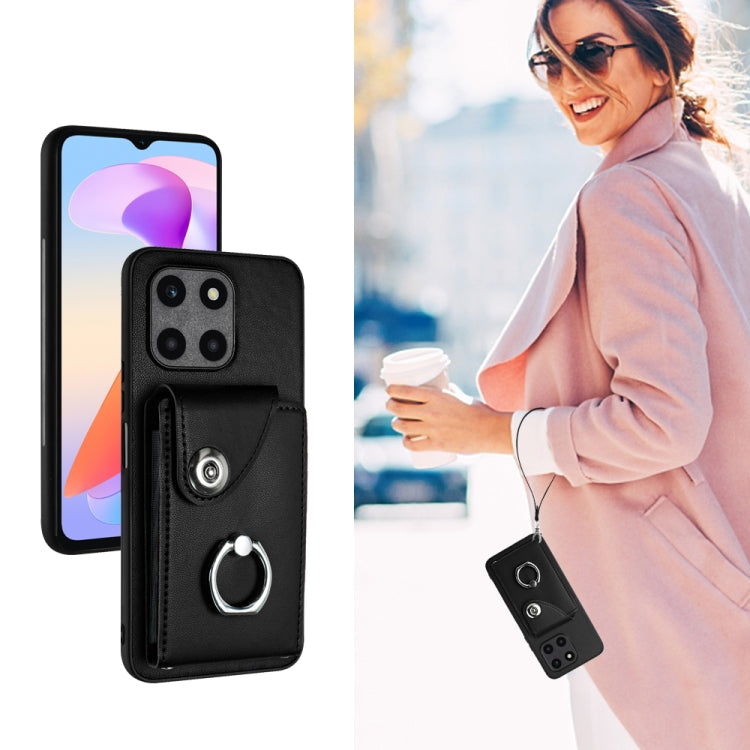 For Honor X6a Global Organ Card Bag Ring Holder PU Phone Case with Lanyard(Black)