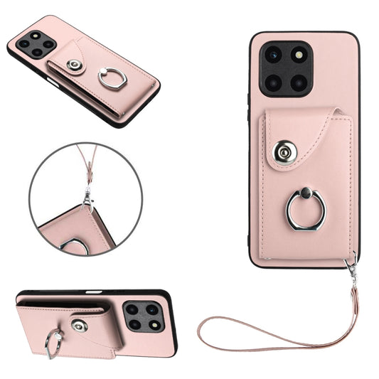 For Honor X6a Global Organ Card Bag Ring Holder PU Phone Case with Lanyard(Pink)