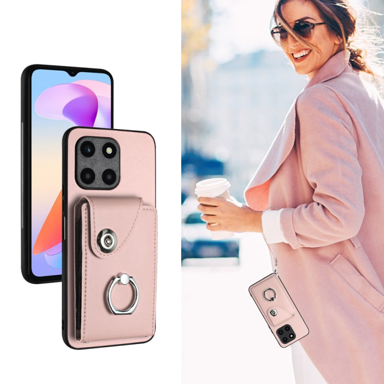 For Honor X6a Global Organ Card Bag Ring Holder PU Phone Case with Lanyard(Pink)