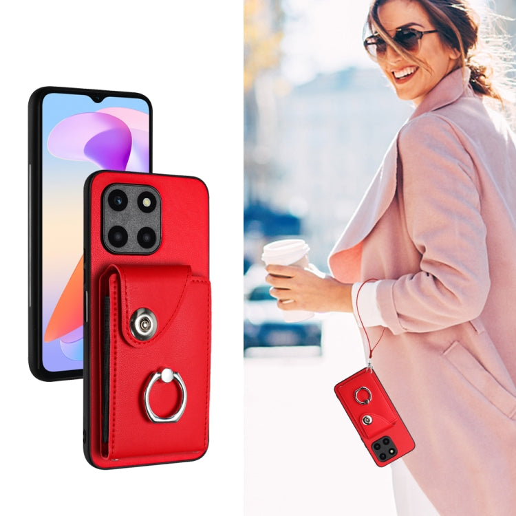 For Honor X6a Global Organ Card Bag Ring Holder PU Phone Case with Lanyard(Red)