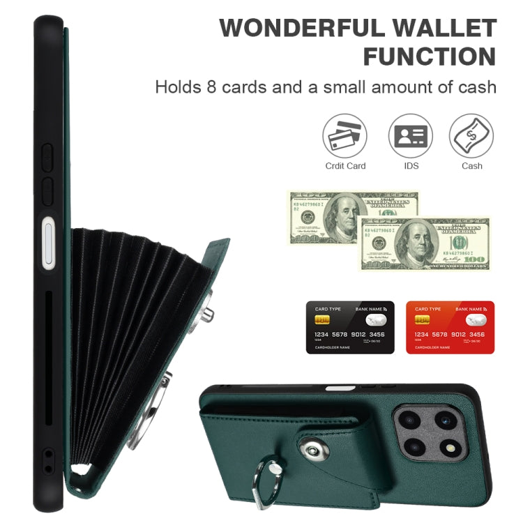 For Honor X6a Global Organ Card Bag Ring Holder PU Phone Case with Lanyard(Green)