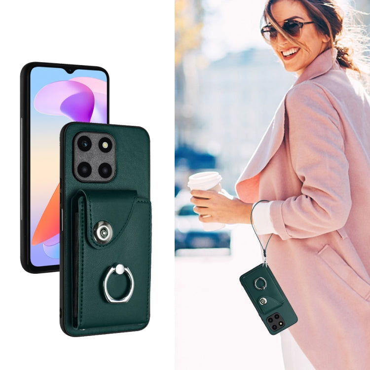 For Honor X6a Global Organ Card Bag Ring Holder PU Phone Case with Lanyard(Green)